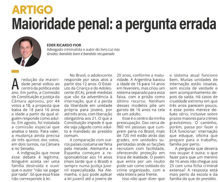 Página da Gazeta do Estado com o artigo Maioridade penal: a pergunta errada